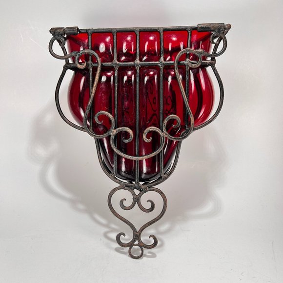 Gothic Caged Ruby Red Glass Wall Hang Planter VTG - Picture 2 of 16